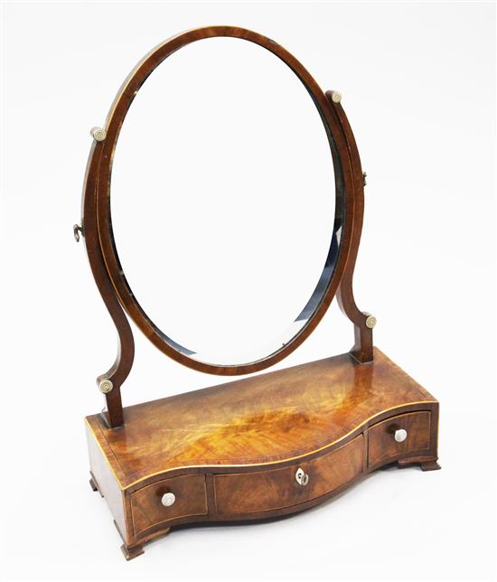 A George III mahogany and rosewood crossbanded oval toilet mirror, W.1ft 6.5in.